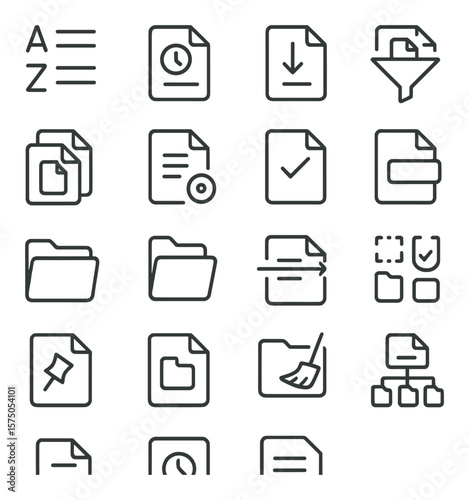 File Organization line art icons. Sort by name, sort by date, sort by size, filter files, group files, tag file, mark file, label file, organize folder, categorize file, batch