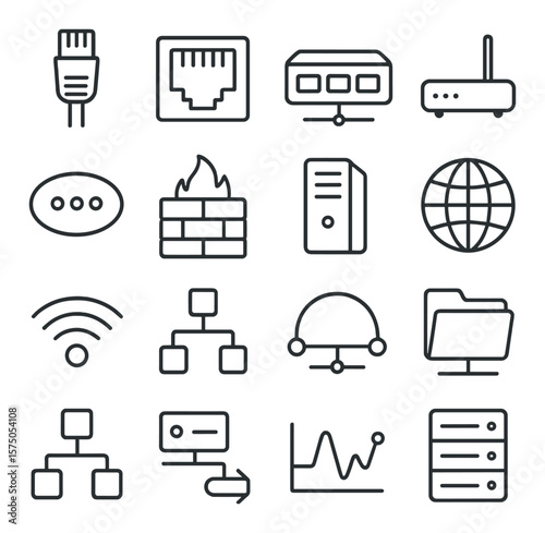 Computer Networking line art icons. Network cable, Ethernet port, switch hub, router icon, IP address icon, firewall, data server, internet globe, Wi-Fi signal, LAN symbol, VPN