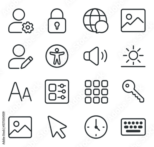 Personalization Tools line art icons. avatar settings, privacy lock, language globe, background chooser, profile edit, accessibility tools, sound level, brightness slider, text