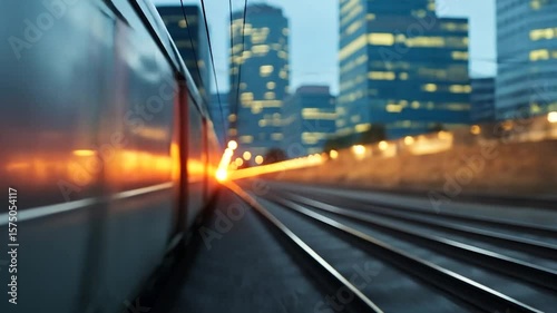 Dynamic video of a train traveling along tracks through a city at dusk blurred lights cityscape background, captures motion and speed