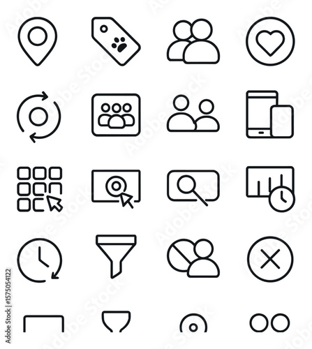 Ad Targeting Tools line art icons. Geo targeting, behavior tag, demographic icon, interest segment, retargeting icon, custom audience, lookalike icon, device targeting, platform