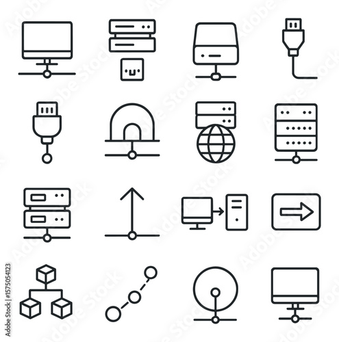Server Connectivity line art icons. LAN connection, server port, IP address, network cable, MAC address, gateway icon, DHCP server, DNS resolver, network switch, uplink icon,