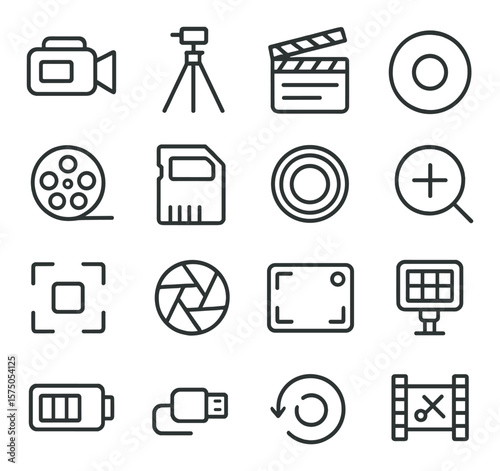 Video recording tools line art icons. video camera, tripod, clapperboard, record icon, film reel, memory card, camera lens, zoom button, focus icon, aperture icon, camera screen,