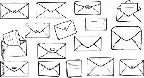 A collection of hand drawn envelopes in black and white graphics
