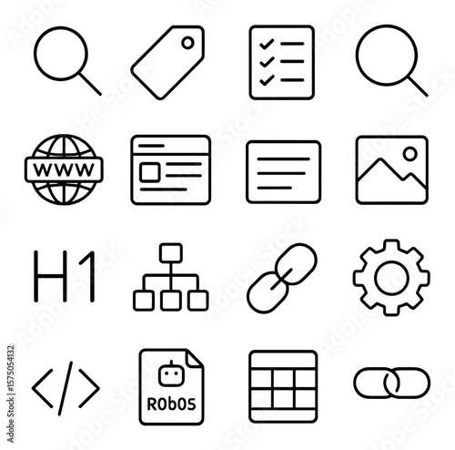 SEO Basics line art icons. Search icon, keyword tag, SEO checklist, magnifying glass, globe with URL, SERP page, meta description, alt text icon, H1 heading, sitemap icon, anchor