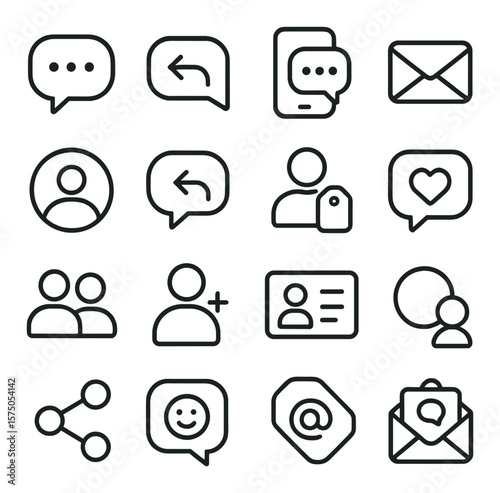 Social Media Contacts line art icons. Social message icon, reply bubble, contact via app, direct message, profile icon, comment reply, tagged user, post interaction, friend list,