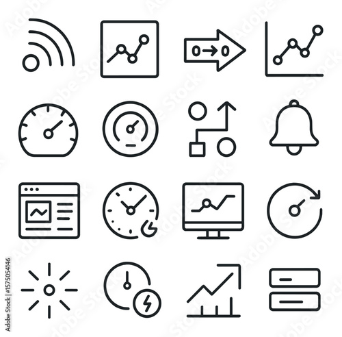 Real-Time Data line art icons. Live feed icon, real-time graph, streaming data arrow, time series chart, data speedometer, latency meter, event trigger, notification bell, dynamic