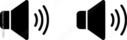 Speaker with Sound Waves Icon Pair, Two black-and-white speaker icons with varying sound wave designs, ideal for audio, volume control, and multimedia applications