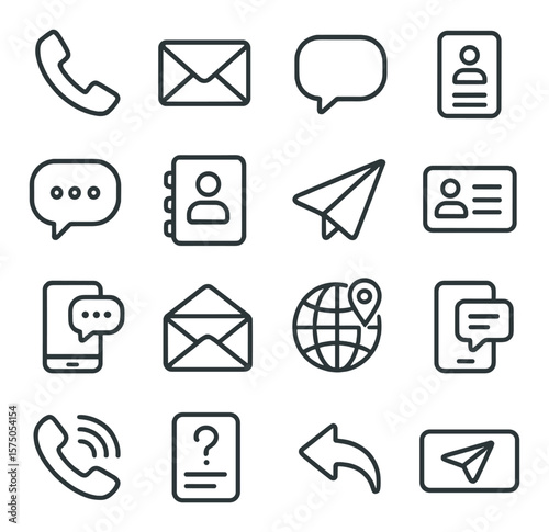 Contact Methods line art icons. Phone handset, email envelope, chat bubble, contact form, message icon, contact book, paper plane, address card, phone with speech bubble, mail