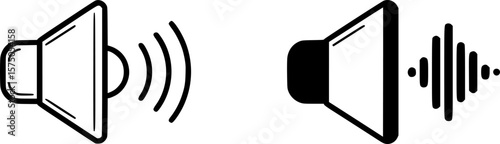 Speaker with Sound Waves Icon Pair, Two black-and-white speaker icons with varying sound wave designs, ideal for audio, volume control, and multimedia applications