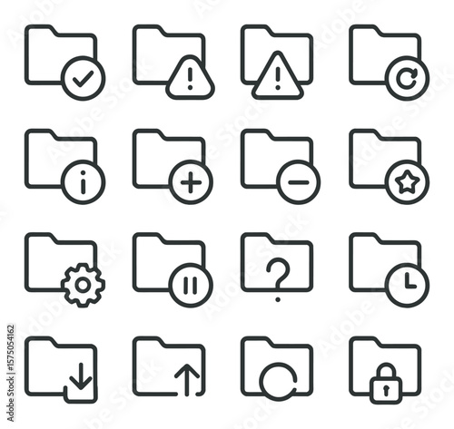 Folder Status Indicators line art icons. folder with checkmark, folder with alert, folder with warning, folder with sync icon, folder with info icon, folder with plus, folder with