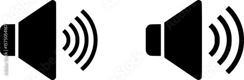 Speaker with Sound Waves Icon Pair, Two black-and-white speaker icons with varying sound wave designs, ideal for audio, volume control, and multimedia applications