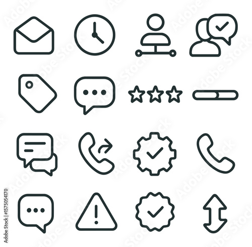 Support Request Process line art icons. Open ticket icon, wait time clock, contact method selector, assign agent, confirmation icon, ticket number, message history, service rating,