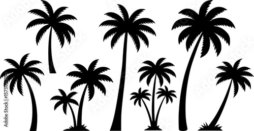 Vector illustration of a set of six black silhouette palm trees
