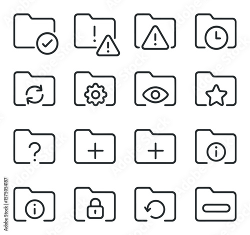 Folder Status Indicators line art icons. folder with checkmark, folder with exclamation mark, folder with warning triangle, folder with clock, folder with sync arrows, folder with