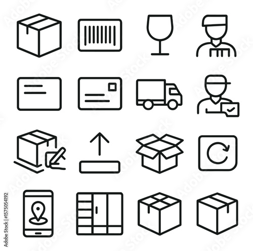 Package Delivery line art icons. Delivery box, barcode label, shipping tape, fragile icon, tracking number, address label, delivery truck, courier icon, signed receipt, package on