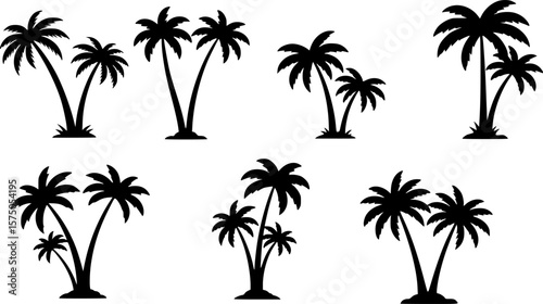 Vector illustration of a set of six black silhouette palm trees
