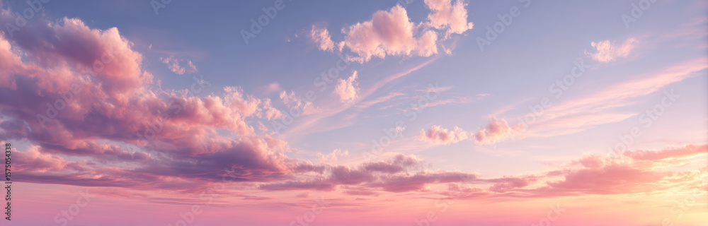 Panoramic view of a serene sunset sky with pastel pink and purple clouds Panoramic view of a serene sunset sky with pastel pink and purple clouds