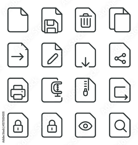 File Management Actions line art icons. Open file, save file, delete file, copy file, move file, rename file, upload file, download file, print file, compress file, extract file,