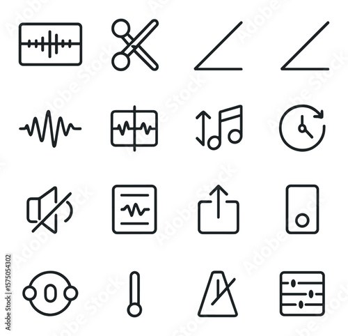 Sound editing software line art icons. audio timeline, cut icon, fade in, fade out, audio waveform, split track, adjust pitch, adjust tempo, noise reduction, compressor icon,