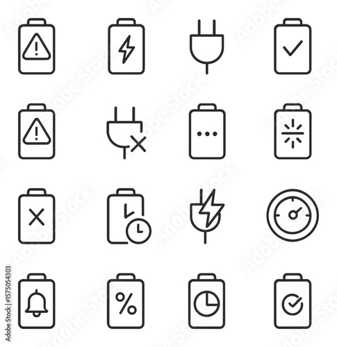 Charging Alerts & Indicators line art icons. Low battery warning, charging in progress, power plugged icon, battery full check, overcharge warning, unplug reminder, charging