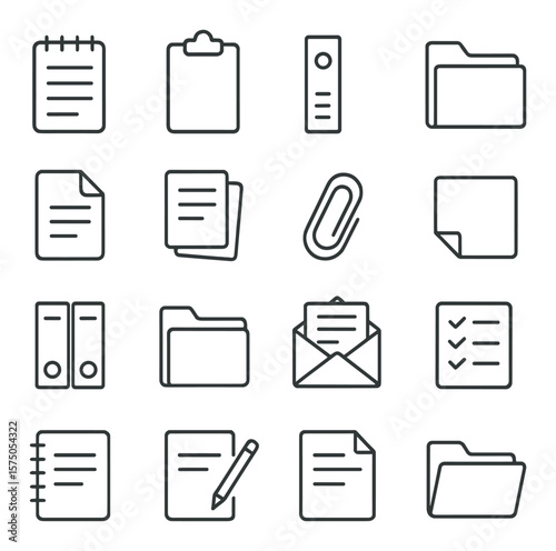 Documentation Tools line art icons. notepad, clipboard, binder, folder, document file, stack of papers, paperclip, sticky note, ring binder, tabbed file, envelope with documents,