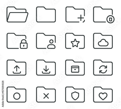 Folder Manager Tools line art icons. open folder, closed folder, new folder, deleted folder, locked folder, shared folder, starred folder, cloud folder, upload folder, download