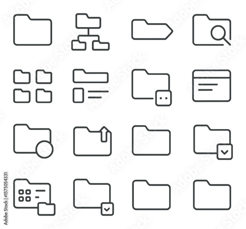 UI Folder Elements line art icons. folder tab, folder tree view, breadcrumb folder path, folder search bar, folder icon grid, folder icon list, folder context menu, folder