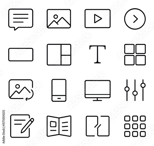 Ad Creative Elements line art icons. Ad copy, image placeholder, video frame, CTA icon, logo space, layout grid, typography tool, color palette, animation icon, mobile preview,