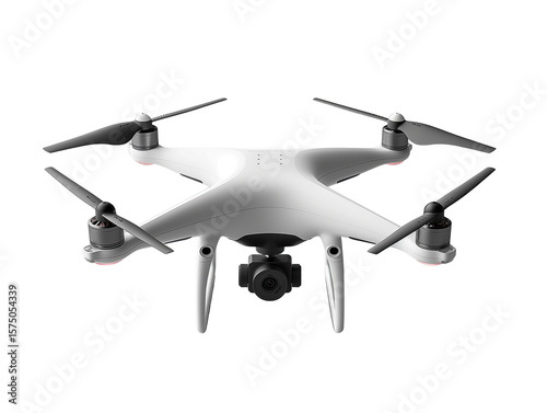 Give real effect from photo. White quadcopter drone with mounted camera.  Transparent PNG. Ideal for technology ads, aerial surveillance themes, or innovation visuals.