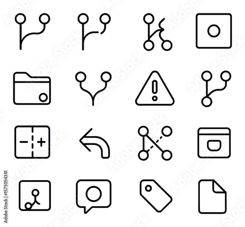 Version Control line art icons. Git branch icon, pull request, merge icon, commit box, repository symbol, fork icon, conflict alert, branch history, diff icon, revert arrow, clone