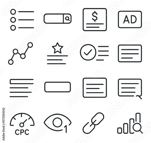 Search Engine Advertising line art icons. Keyword list, search bar, paid result, ad label, bid strategy, ad rank, quality score, text snippet, sitelink extension, display URL,