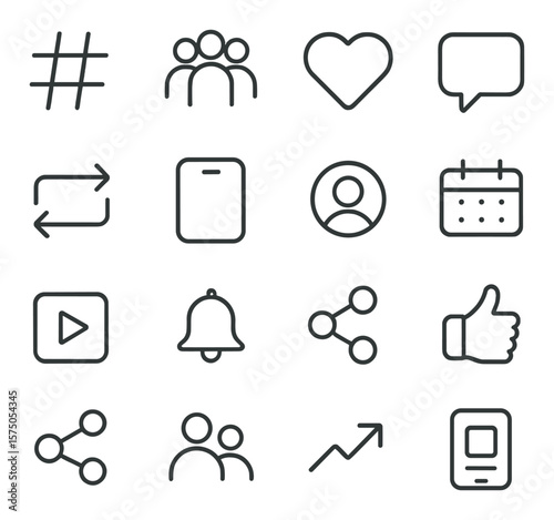 Social Media Marketing line art icons. Hashtag symbol, social group, heart like icon, comment icon, repost arrows, story frame, profile user, content scheduler, video play icon,