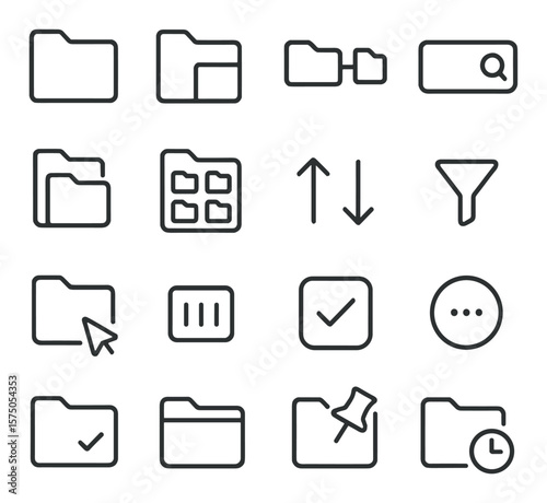 Folder Interface Elements line art icons. folder tab, sidebar folder, folder breadcrumbs, search bar, folder list view, folder grid view, sort button, filter icon, folder icon