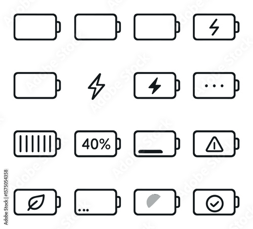 Battery Charge Levels line art icons. Empty battery, low battery, medium battery, full battery, charging battery, battery with bolt, fast charge icon, slow charge icon, blinking