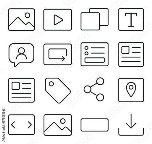 Web Design Content line art icons. Image placeholder, video embed, gallery grid, text block, testimonial icon, callout box, contact form, blog post icon, article preview, tag label