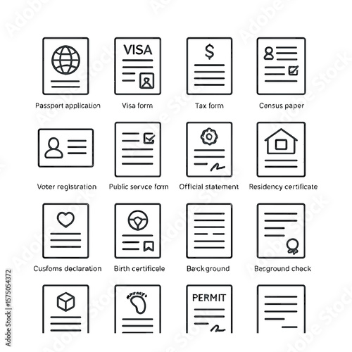 Government & ID Forms line art icons. Passport application, visa form, tax form, census paper, national ID form, voter registration, public service form, official statement,