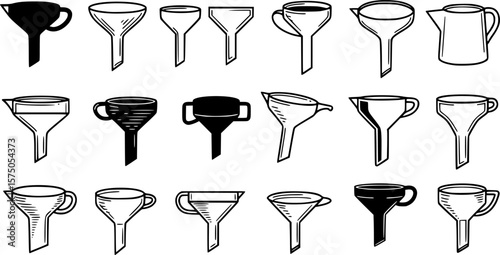 A set of black and white funnel illustrations with a classic design
