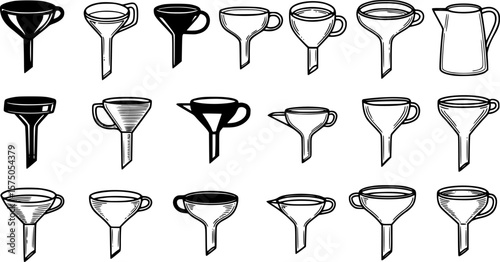 A set of black and white funnel illustrations with a classic design
