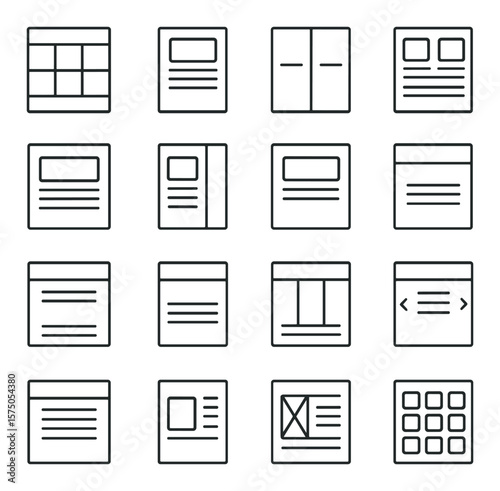 Web Design Layouts line art icons. Grid layout, single column, split screen, card layout, hero section, sidebar layout, content block, full-width section, sticky header, footer