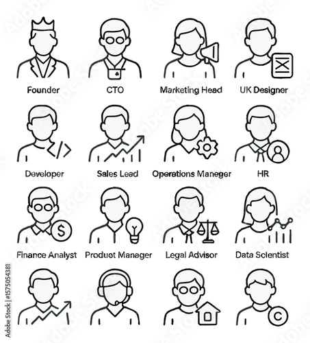 Startup Team Roles line art icons. Founder icon, CTO badge, marketing head, UX designer, developer icon, sales lead, operations manager, HR rep, finance analyst, product manager,