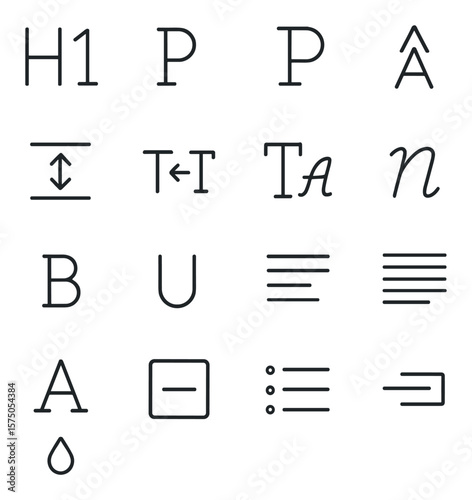 Typography in Web Design line art icons. Heading H1, heading H2, paragraph icon, font size icon, line height, letter spacing, font family icon, italic icons. bold text, underline,
