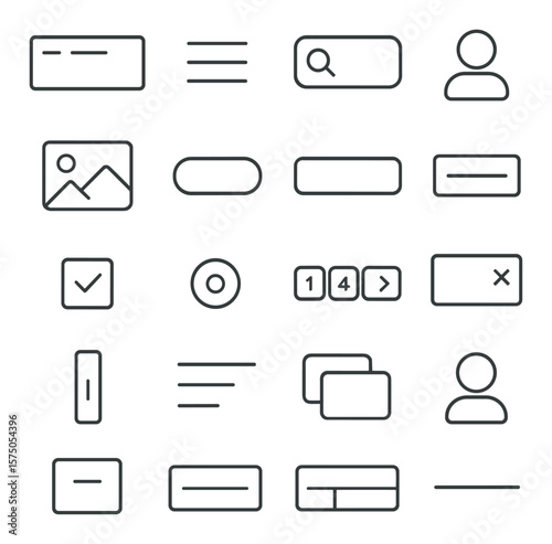 Website Interface Elements line art icons. Navigation bar, hamburger menu, search field, login button, hero image, call to action button, form input, dropdown menu, checkbox, radio
