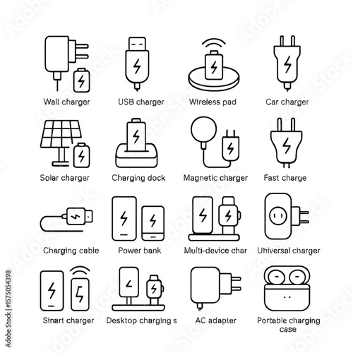 Battery Charging Methods line art icons. Wall charger, USB charger, wireless pad, car charger, solar panel charger, charging dock, magnetic charger, fast charge plug, charging