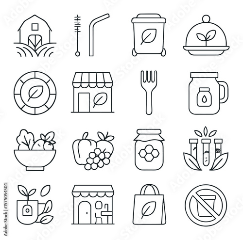 Eco-Friendly Food & Dining line art icons. Farm-to-table icon, reusable straw, compost bin, plant-based dish, biodegradable plate, organic market, wooden fork, refillable container