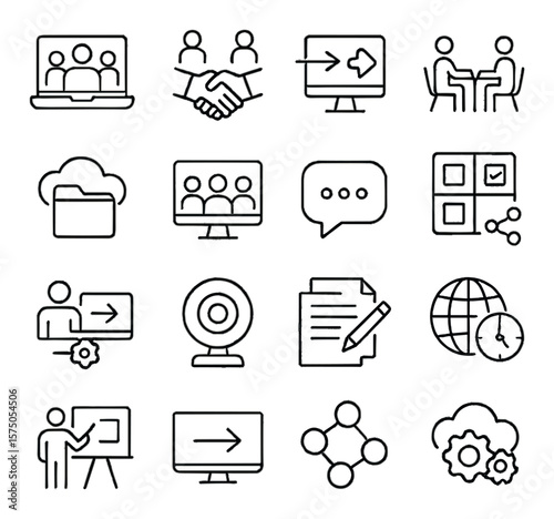 Remote Collaboration line art icons. Video conference, virtual handshake, shared screen icon, remote coworking, cloud folder, online meeting, chat bubble, shared task board, remote