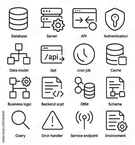 Backend Development line art icons. Database icon, server function, API call, authentication key, data model, REST endpoint, cron job, cache database, business logic, backend