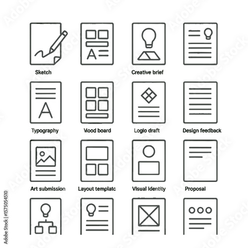 Creative & Design Docs line art icons. Sketch page, storyboard sheet, branding concept paper, creative brief, typography guide, mood board printout, logo draft, design feedback