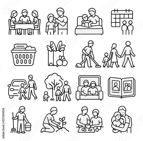 Family Daily Life line art icons. Family dinner table, morning routine, bedtime story, shared calendar, laundry basket, grocery bag, home chores, family walk, school drop-off,