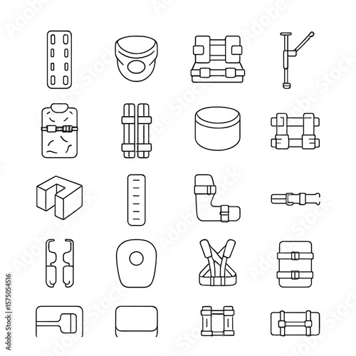 Immobilization Equipment line art icons. Spine board, cervical collar, head immobilizer, traction splint, vacuum mattress, limb splint, soft cervical collar, immobilizer straps,